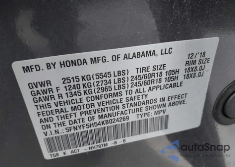 2019 Honda Pilot Exl from USA, damaged, VIN 5FNYF5H54KB024269